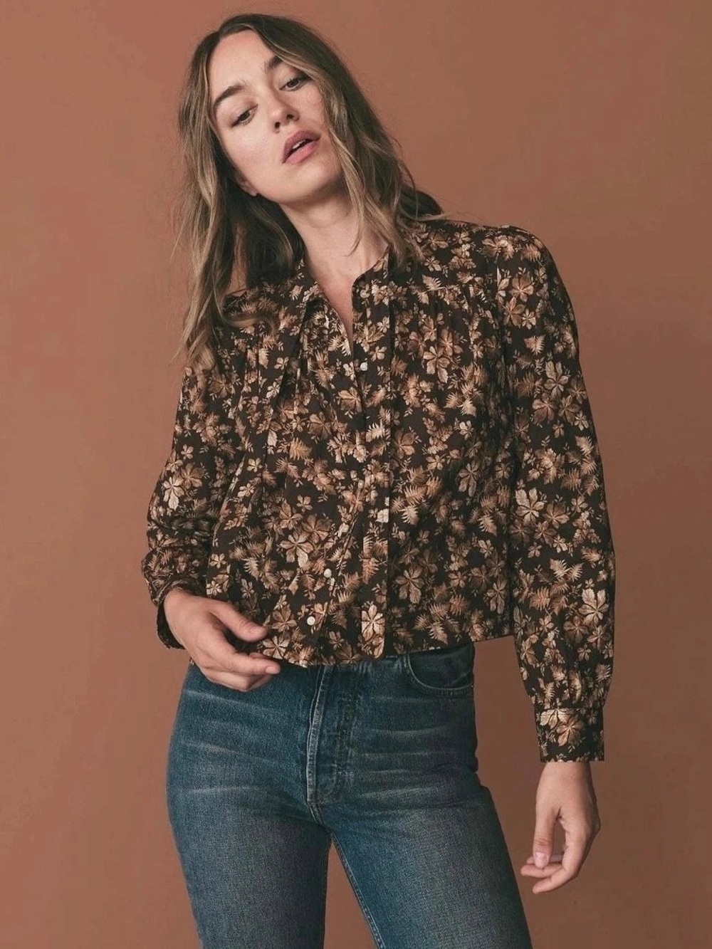 Doen Norma Top in Fern Grove Floral tie bow neckline organic cotton size L